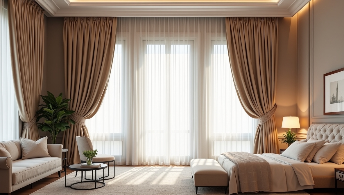 Elegant designer curtains in luxury bedroom
